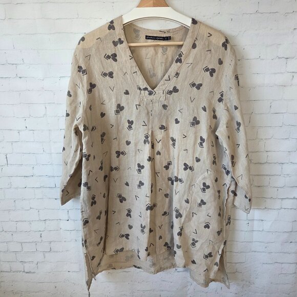 Gudrun Sjoden Tops - Gudrun Sjoden 100% Linen Tunic Top Size L Beige Heart Print Lagenlook Sweden